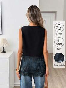 Top de mujer sin mangas de cuello redondo con dobladillo de encaje, primavera/verano - Negro - Ver 4