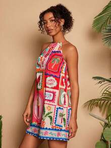 Vestido corto holgado con hombros al descubierto y estampado tejido para mujeres para vacaciones - Multicolor 9 - Ver 6
