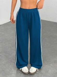 Pantalones casuales con rayas laterales negras, de estilo simple y de moda para uso diario, graduación, maestros y vuelta al colegio para mujeres - azul real - Ver 4