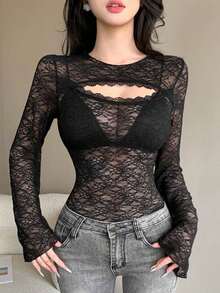 Camiseta corta de mujer de manga corta ajustada con diseño calado, para verano - Negro 3 - Ver 6