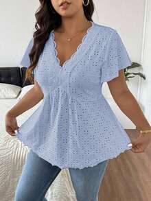 CosyJoli Camiseta de mujer de talla grande con cuello en V, parche de encaje y textura a rayas en forma de A - Azul - Ver 6