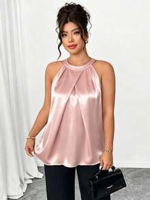 Camiseta sin mangas con pliegues 3D elegante para mujer de talla grande, versátil para fiesta, té de la tarde, ir al trabajo, color caqui - Rosa - Ver 5