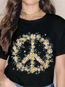 Women's T-Shirt With Black Daisy Print And Peace Symbol, Short Sleeve Top With Bohemian Floral Print, Casual Summer Clothing, Hippie Style T-Shirt, Simple And Fashionable Urban Style. - 白色 - 查看 1