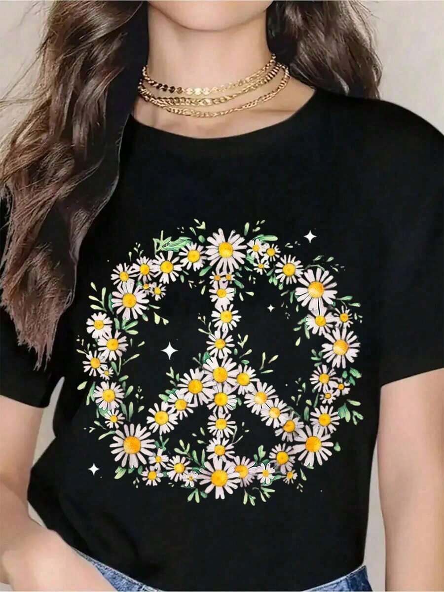 Women's T-Shirt With Black Daisy Print And Peace Symbol, Short Sleeve Top With Bohemian Floral Print, Casual Summer Clothing, Hippie Style T-Shirt, Simple And Fashionable Urban Style. - 白色 - 查看 1