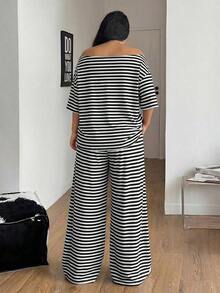 Conjunto de dos piezas de camiseta hombros descubiertos y pantalón ancho de chándal para mujer talla grande, minimalista, ropa de calle, uso diario, salir, deporte, cómodo - Blanco y Negro - Ver 8