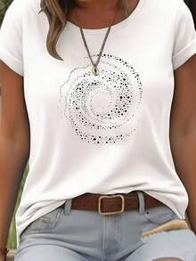 Camiseta de manga corta y cuello redondo, patrón creativo de espiral con lunares, fácil y a la moda, versátil para uso diario - Blanco - Ver 5
