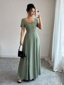 YHHElenzga Vestido de mujer con escote en V, manga corta y decoración de cinturón metálicoYHH - Verde - Ver 1