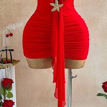 Party Dresses For Women Summer Outfits Red Dresses For Women Carnival Women Valentine Outfits For Women Ruffle Trim Backless Tie Neck Bodycon Mini Dress For Women - Blanco - Ver 5