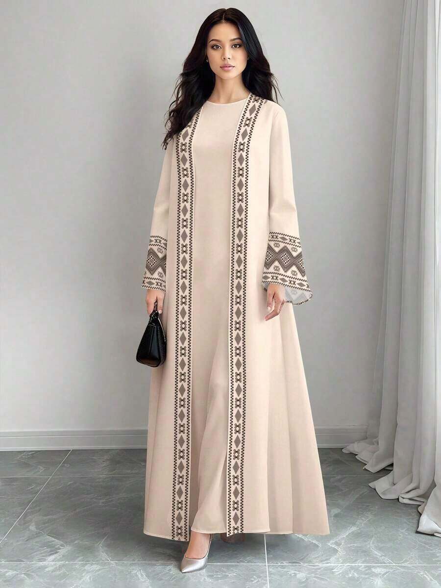 Najma Women's Rhombus Geometric Retro Pattern Digital Print Casual Long Sleeve Arabic Abaya Cardigan Maxi Jacket, Spring/Autumn, Open Abaya For Women, Printed Abaya - Nhiều màu 4 - Xem 1