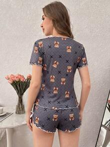 2pcs Women Bear & Bow Sleepwear Set - Dark Grey - View 2