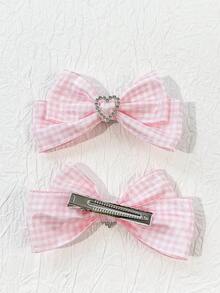 2pcs Women's Plaid Heart & Bow Design Hair Clips,Hair Claws,Bobby Pin - Pink and White Plaid - View 3