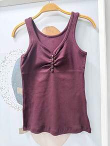 Pure Cotton Tank Top With Ribbed Design In The Middle, Knitted Fabric With Buttons. - Burgundy - View 4