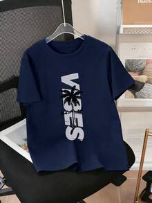 Teen Boys Summer Comfortable Casual Set - Crew Neck T-Shirt + Shorts, Simple Letter & Coconut Tree Print - Navy Blue - View 3
