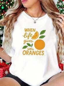 Camiseta informal de algodón de manga corta y cuello redondo para mujer con estampado gráfico naranja, largo regular, tejido ligeramente elástico para uso diario. - Blanco - Ver 12