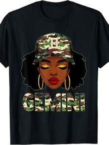 Women's Casual Sports T-Shirt, Short Sleeve, Black, With Digital Illustration Of A Woman And The Text GEMINI - Elastic Round Neck T-Shirt, Machine Washable, Comfortable Fit, For All Seasons. - 黑色 - 查看 1