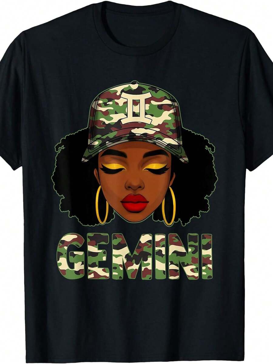 Women's Casual Sports T-Shirt, Short Sleeve, Black, With Digital Illustration Of A Woman And The Text GEMINI - Elastic Round Neck T-Shirt, Machine Washable, Comfortable Fit, For All Seasons. - 黑色 - 查看 1