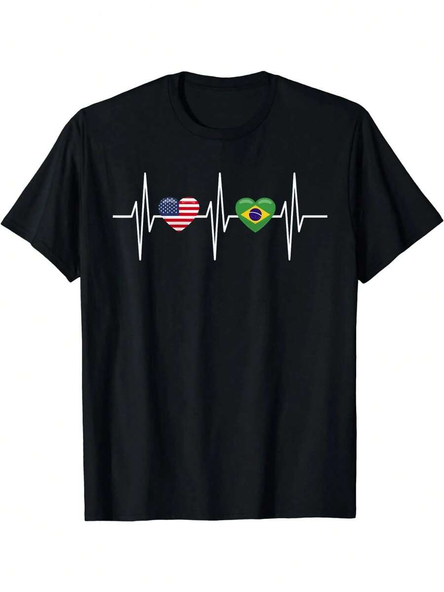 220G Youth Crew Neck Casual T-Shirt, One-Sided Print, Perfect For Family And Friends, American-Brazilian Heart Flag T-Shirt, Youth Style, Basic And Versatile. - 黑色 - 查看 1
