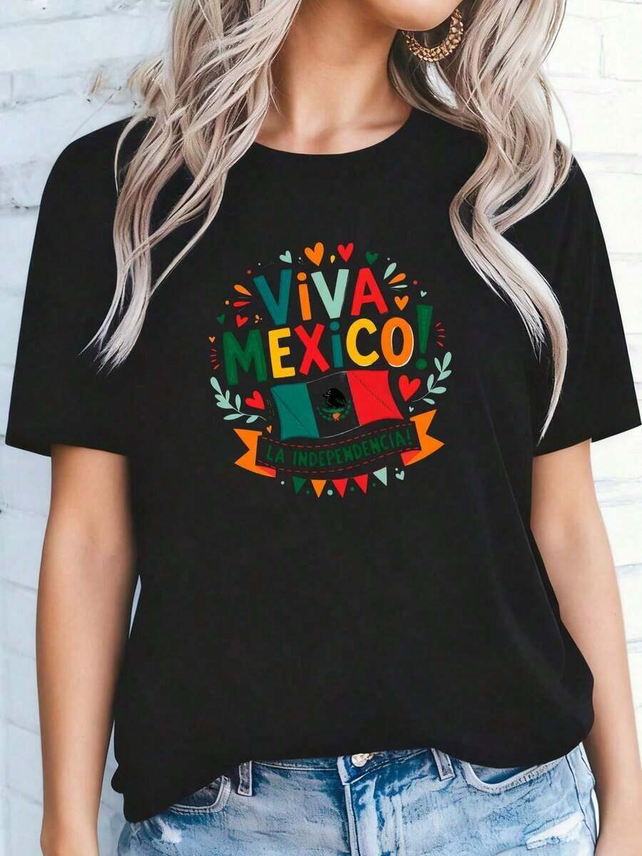 Camisetas Casuales para Mujer con la Bandera de la Independencia de México y Corazones, 100% Transpirables y a la Moda - Negro - Ver 1