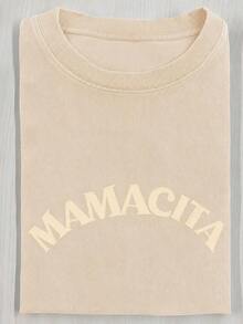 230g Heavyweight Washed Cotton T-Shirt, Dear Lady; Baby Print T-Shirt, High-Quality Batik Cotton Vintage Fashion Brand T-Shirt, Women's T-Shirt, Beach Essential, Summer T-Shirt, Holiday Gift, Perfect Present, 100% Cotton - 杏色 - 查看 1