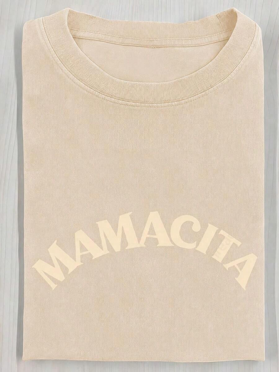 230g Heavyweight Washed Cotton T-Shirt, Dear Lady; Baby Print T-Shirt, High-Quality Batik Cotton Vintage Fashion Brand T-Shirt, Women's T-Shirt, Beach Essential, Summer T-Shirt, Holiday Gift, Perfect Present, 100% Cotton - 杏色 - 查看 1