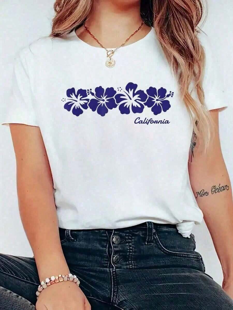 Camiseta Casual de Algodón con Estampado de Flor de Hibisco de California, Recuerdo de Playa, para Hombre y Mujer - Camiseta Casual de Cuello Redondo y Manga Corta, Cómoda, para Primave - Blanco - Ver 1