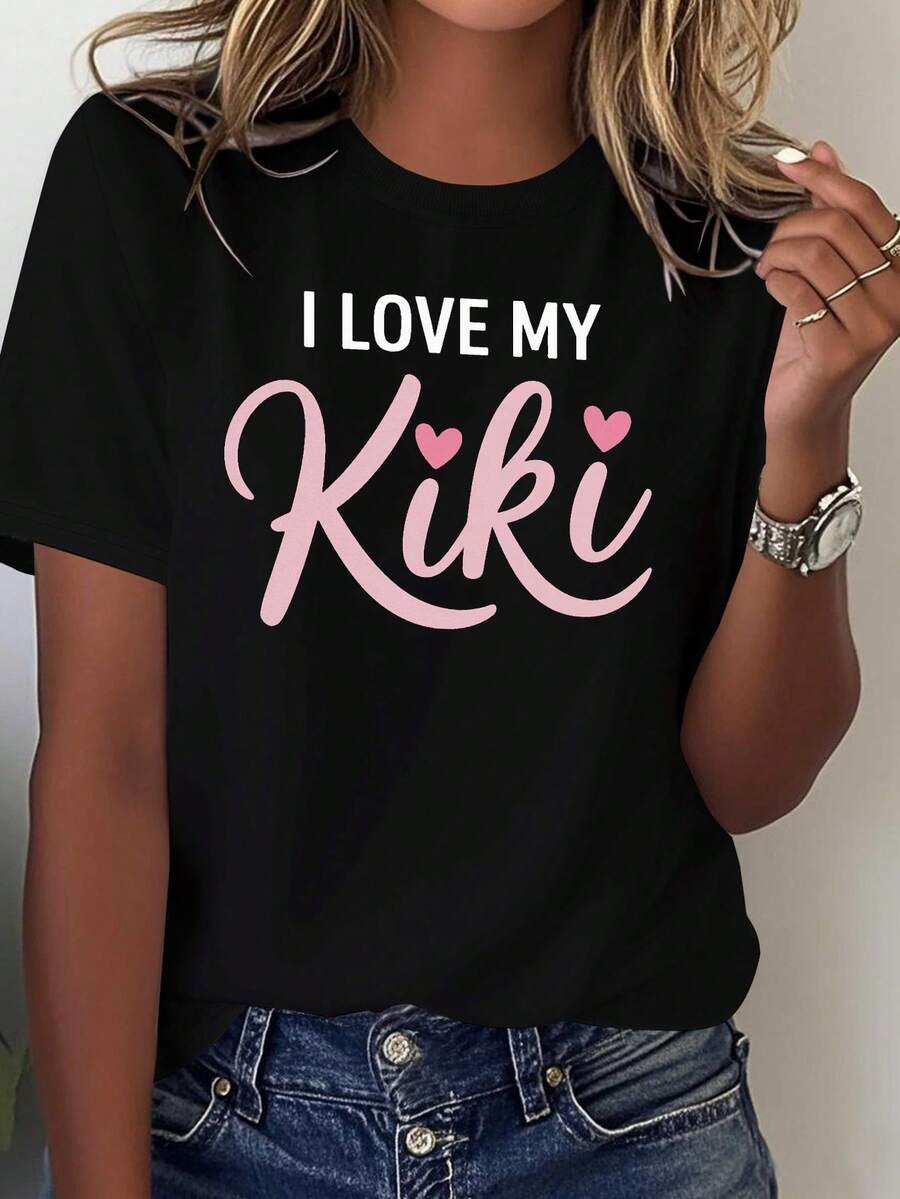 Camiseta de Verano para Mujer Cozy Comfy Lounge, camiseta casual con estampado de corazón rosa "I Love My Kiki", top de moda para mujer, camiseta casual de manga corta con cuello redondo de algodón puro, transpirable y suave, imprescindible para el uso diario casual, el regalo perfecto para ella, ropa de casa suave y relajada. - Negro - Ver 1