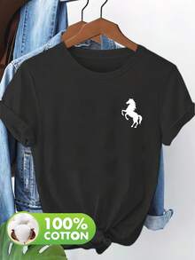 Camiseta de algodón estilo athleisure con un pequeño diseño estampado en el pecho, mangas cortas y cuello redondo, elegante, sencilla y con estilo para mujer - NC096-0323602 Absorbe la humedad, ideal para gimnasio y uso casual. - Negro - Ver 1