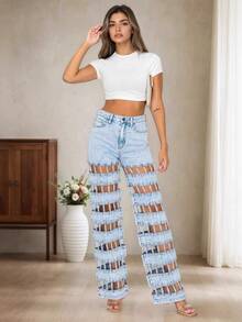 Women's New High Waist Ripped Jeans With Holes, Versatile Street Style - Light Blue - View 1