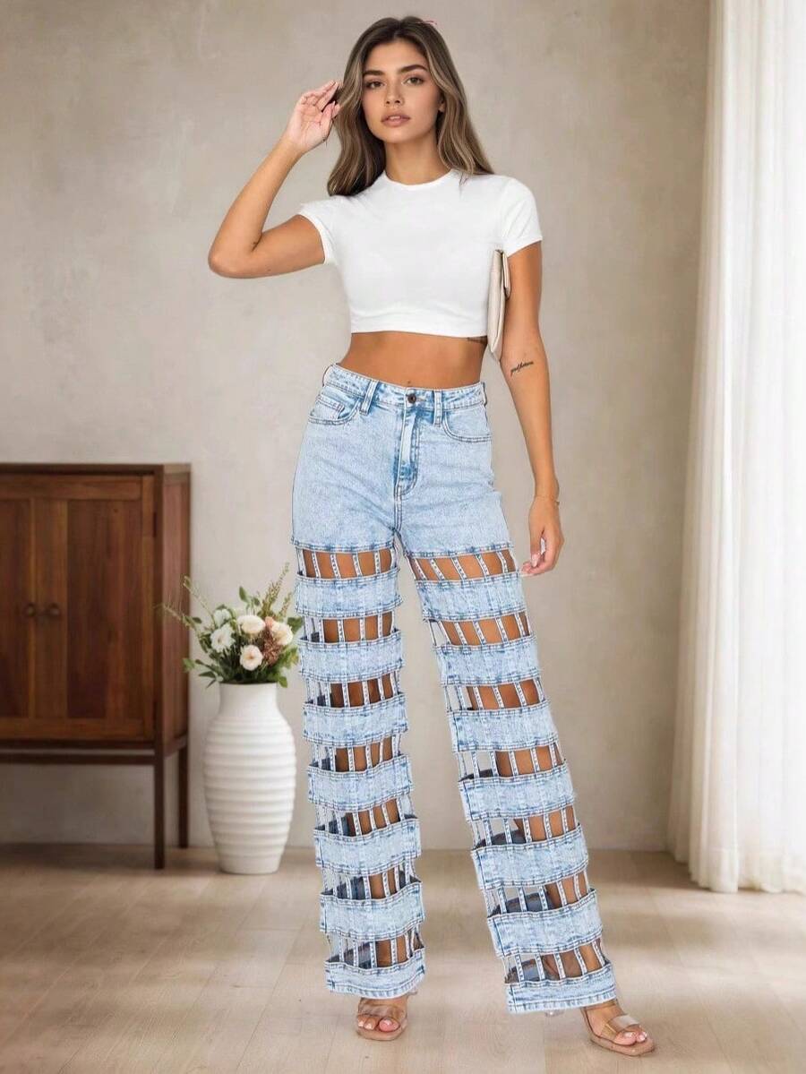 Women's New High Waist Ripped Jeans With Holes, Versatile Street Style - Light Blue - View 1