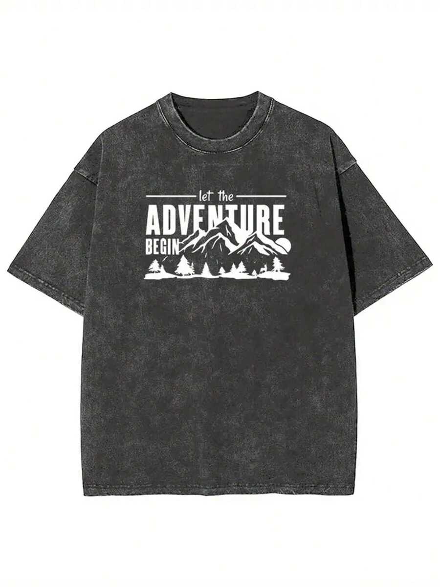 1 Men's Vintage Washed T-Shirt | Heavy-Duty 230 G/M² Urban Style T-Shirt With A Mountain Landscape Print And The Phrase "Let The Adventure Begin," A Casual All-Season T-Shirt, Machine Washable, Perfect As A Holiday Gift Or Adventure Wear. | Classic Crew Neck | 180 G Waxed 100% Cotton Fabric - 黑色 - 查看 1