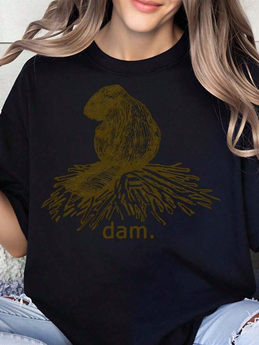 Camiseta con Gráfico de Animales de Beaver Dam para Mujer, Diseño Divertido Inspirado en la Naturaleza y la Vida Silvestre, Ropa Casual, Regalo para Amantes de los Animales - Negro - Ver 1