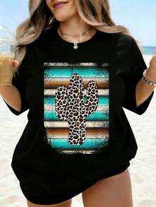 Aloha Beach Waves Sun Graphic Women's T-Shirt, Casual Summer Top For Women, Vacation Clothes, Plus Size, Black Shirt, Casual Daily Wear. - 黑色 - 查看 1