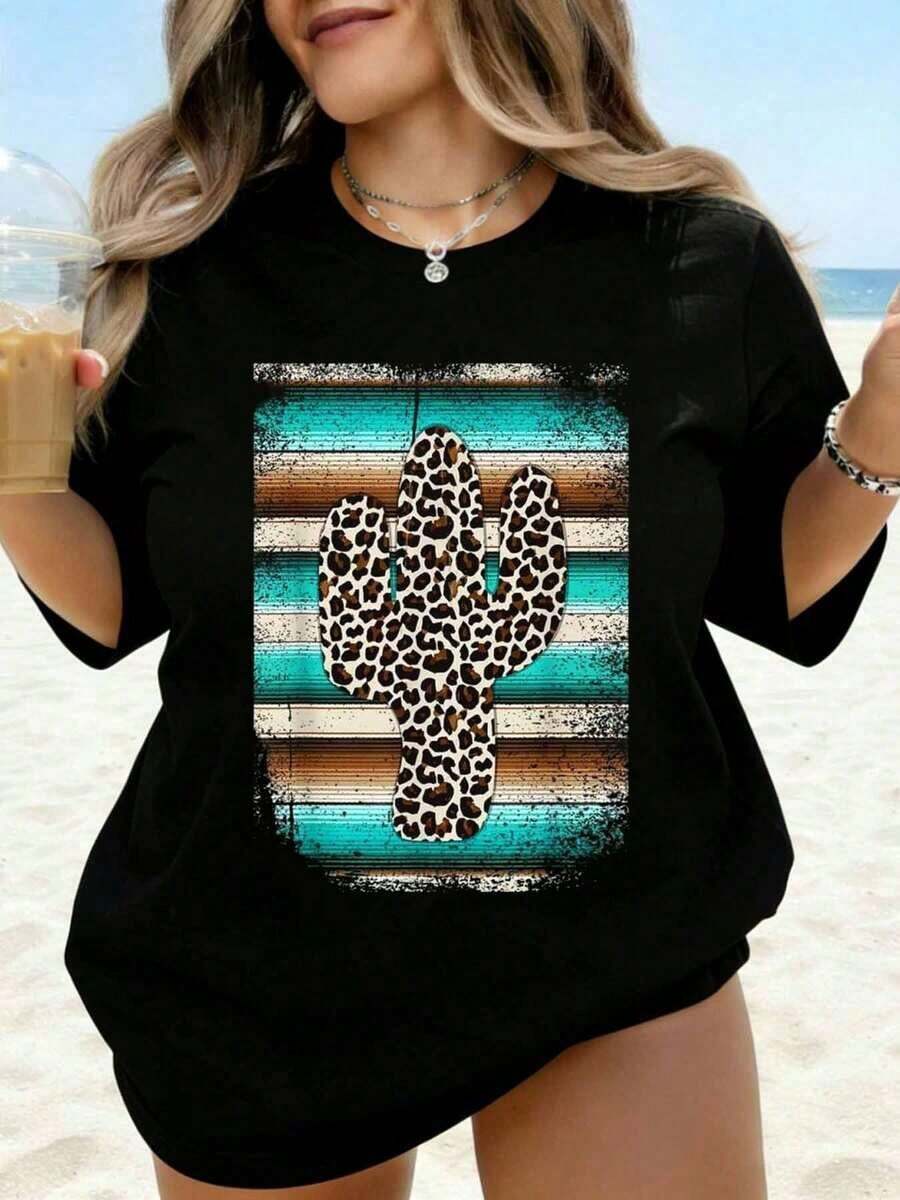 Aloha Beach Waves Sun Graphic Women's T-Shirt, Casual Summer Top For Women, Vacation Clothes, Plus Size, Black Shirt, Casual Daily Wear. - 黑色 - 查看 1