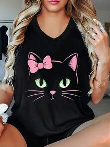 Soft Women's V-Neck T-Shirt, Loose Fit, Casual And Comfortable For Summer, V-Neck Design, Machine Washable, Versatile For Spring, Summer And Autumn, An Ideal Gift For Women, Elegant Blouses For Ladies. - 黑色 - 查看 2