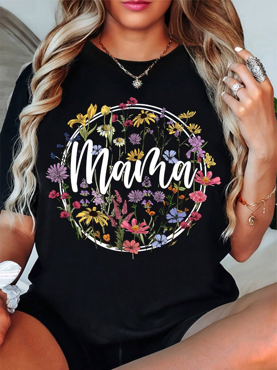 1 Vintage Floral T-Shirt For Mom, Mother's Day Gift, Floral T-Shirt For Mom, Gift For Mom, T-Shirt For Mom, 180g, 100% Cotton. - 黑色 - 查看 1