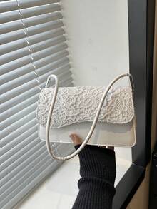Cartera Hombro Blanca Forma Baguette con Solapa Ondulada, Bolso Casual de Piel Sintética para Mujer, Bolsa Elegante para Salidas Diarias y Ocasiones Especiales Moda Verano - Champán - Ver 2