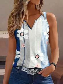 Selamara Blusa sin mangas de verano para mujer con estampado de mariposas y flores, cuello en V, diseño de cuello elegante, ajuste delgado, casual - Multicolor 2 - Ver 1