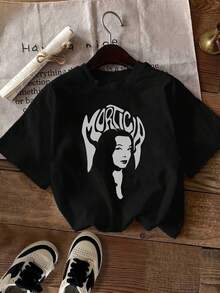 Women's Vintage Halloween T-Shirt - Dark Gothic Portrait - Non-See-Through Fabric - Outfit For Everyday Wear And Halloween Parties - Retro Female Portrait Graphic Tee - Dark Themed Casual Top, Summer Fashion Top, Morticia Design T-Shirt, Medium Stretch Fabric - 黑色 - 查看 8