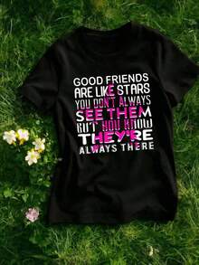 Women's Blouses 1 Pack Women's 180g 100% Oversized Funny Quote T-Shirt - Y2K Retro "Good Friends Are Like Stars" Print, Black With White Text, Crew Neck Casual Short Sleeve T-Shirt, Perfect For Casual Wear And Christmas Gifts, Machine Washable All Season Comfort - 黑色 - 查看 10