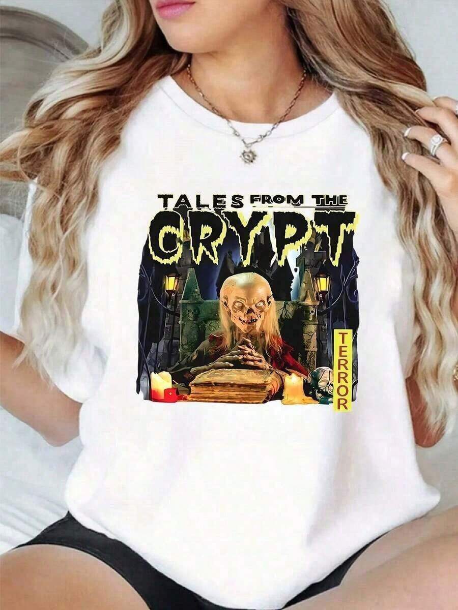 1 Piece Tales From The Crypt Horror Women's T-Shirt, 100% Cotton With Vintage Digital Graphic Print, Casual Loose Fit, 180g 100% Cotton, Designs Are Fully Printed. Unisex. 180g 100% Cotton - 白色 - 查看 1