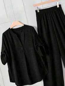Camisa y pantalones de tela vaquera informal - Negro - Ver 5