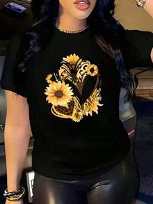 Faith Sunflower Print Summer T-Shirt, Versatile Short Sleeve Crew Neck Blouse For Women. 1 Sexy Casual Sweet Party Elegant Basic Off Shoulder Blouse Beach Night Out Vacation Office Home Garden Everyday Birthday Party Baby Shower Country Music Concert Stage & Summer Performance - 1 - 查看 9