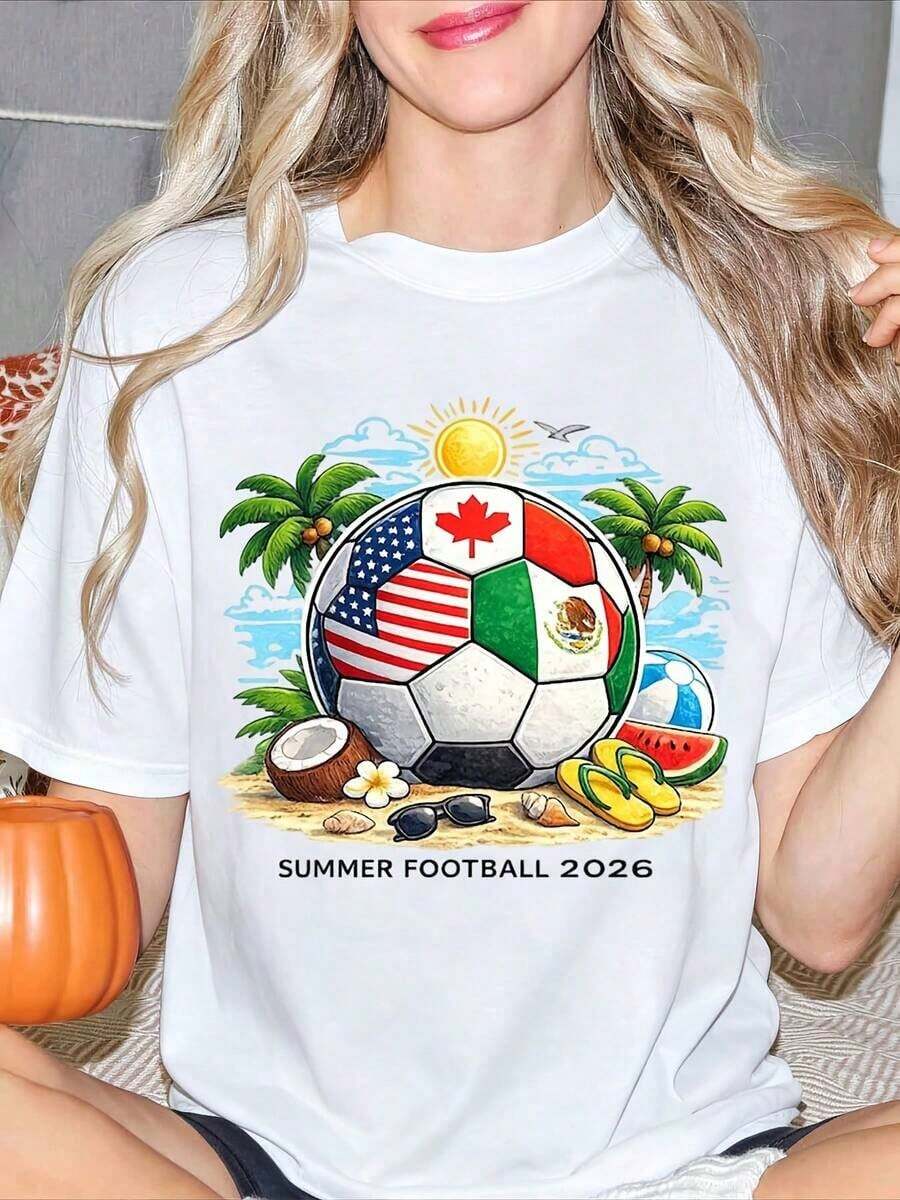 Soccer Ball With Flags And Beach Items, 2026 World Cup Jersey, USA, Canada And Mexico Soccer Jersey, Unisex Gift For Fans On Match Day, Soccer Jersey, World Cup Jersey, Suitable For Sporting Events And Other Holiday Gifts, The Perfect Choice For Soccer Fans. - 白色 - 查看 1