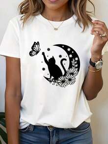 Women's T-Shirt With Romantic Artistic Print Of Stars, Moon, Flowers, Cat And Butterfly, Mysterious And Dreamy Style, Round Neck, Spring Summer Blouses For Women > Clothing - 白色 - 查看 1