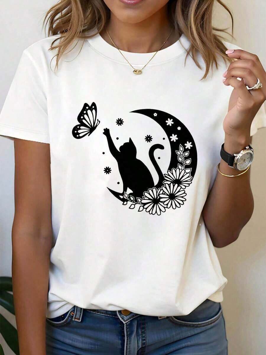 Women's T-Shirt With Romantic Artistic Print Of Stars, Moon, Flowers, Cat And Butterfly, Mysterious And Dreamy Style, Round Neck, Spring Summer Blouses For Women > Clothing - 白色 - 查看 1