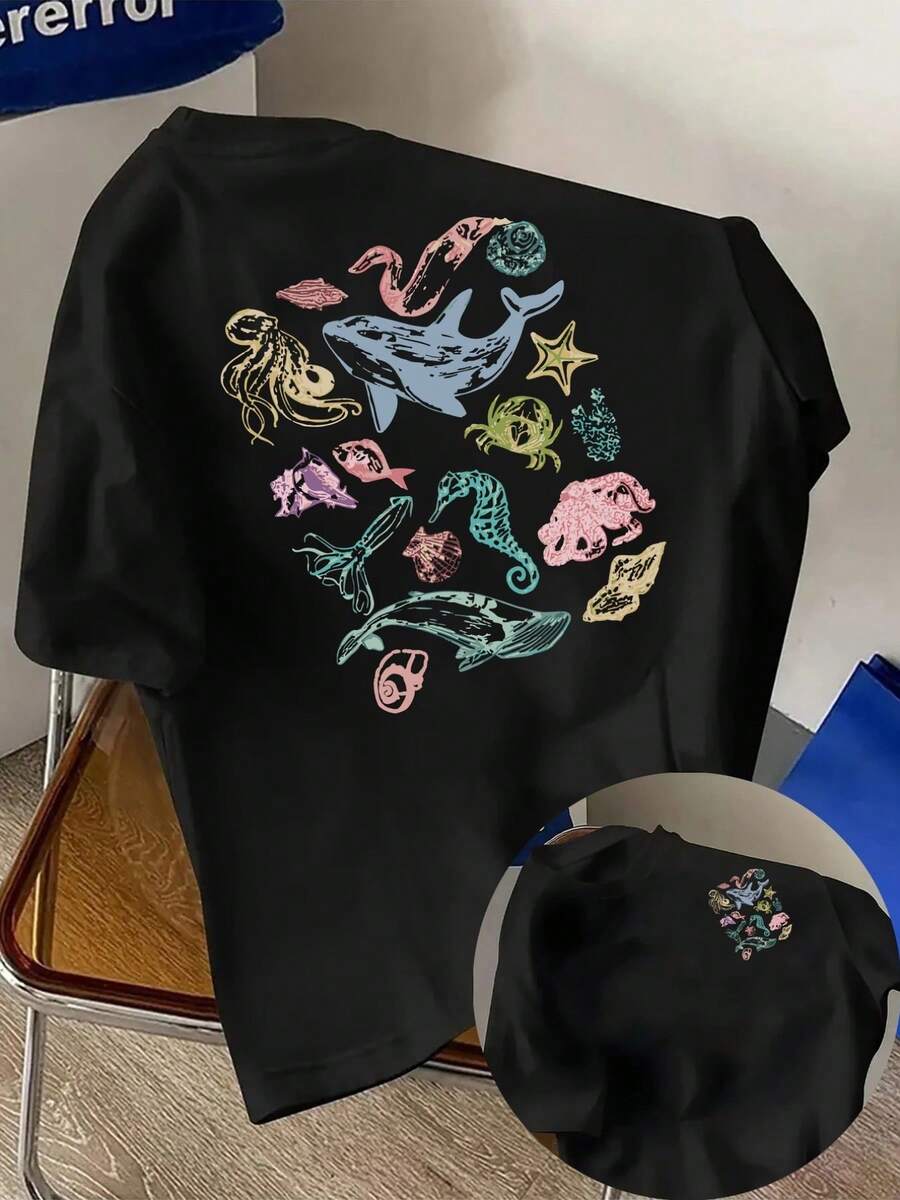 New Men's T-Shirt, 180g Weight, % Cotton, With Marine Life Illustrations, Vintage Hand-Drawn Style, Prints On The Front And Back, Men's Fashion Short Sleeve, Suitable For Daily Casual Wear And Outdoor Fitness Activities, Unique Double-Sided Pattern Design - To Be Layered In Spring And Autumn And Worn Alone In Summer, Unisex. - 黑色 - 查看 1