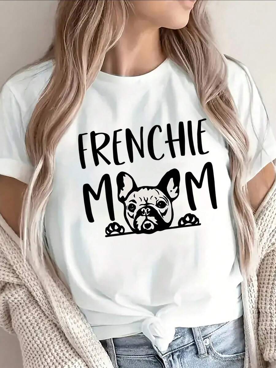 Black French Bulldog Mom T-Shirt, Lightweight Short Sleeve Top For Women, Ideal For Home, Cafes Or Outdoor Activities, Durable And Comfortable, With White Print Design, Excellent Gift For Dog Lovers - 白色 - 查看 1