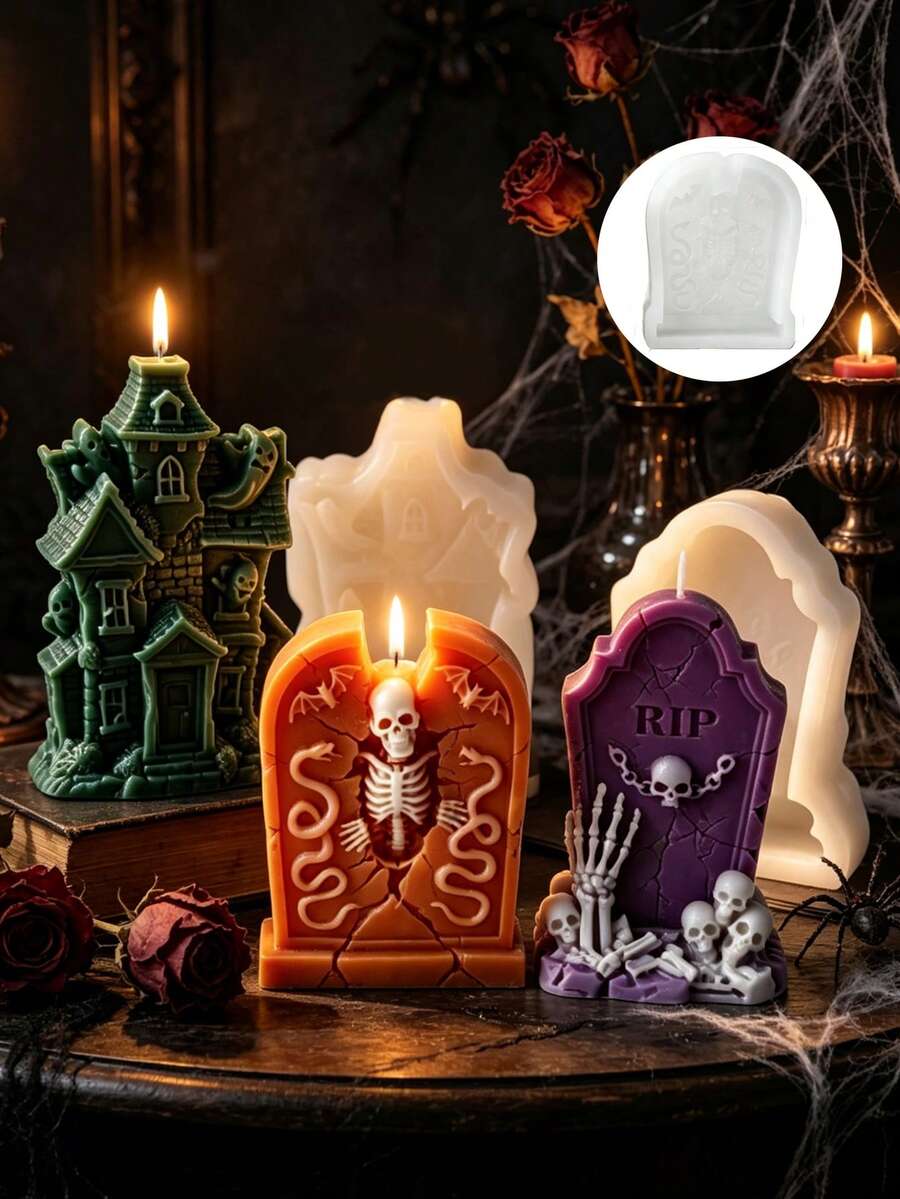 Khuôn silicon hình bia mộ và nhà ma Halloween, 3 khuôn hình bộ xương và nhà ma kiểu Gothic, chống dính, dùng cho nến sáp đậu nành và đồ thủ công bằng nhựa. - khuôn - Xem 1