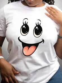 Women's Short-Sleeved T-Shirt With "Smile" Print, Modern Minimalist Style, Made Of Fiber, Medium Elasticity, Perfect Top For Summer Fashion, Casual Short-Sleeved T-Shirt For Everyday Wear. - 白色 - 查看 1