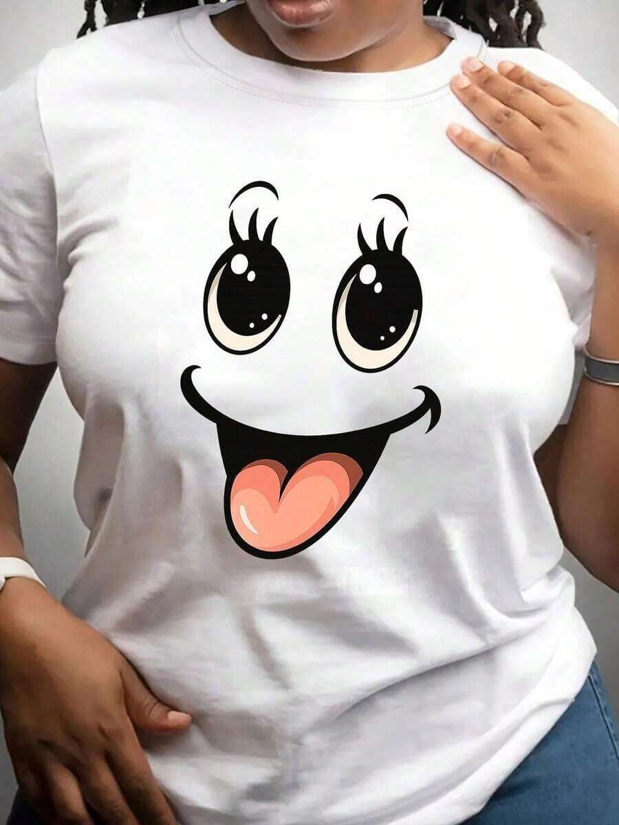 Women's Short-Sleeved T-Shirt With "Smile" Print, Modern Minimalist Style, Made Of Fiber, Medium Elasticity, Perfect Top For Summer Fashion, Casual Short-Sleeved T-Shirt For Everyday Wear. - 白色 - 查看 1